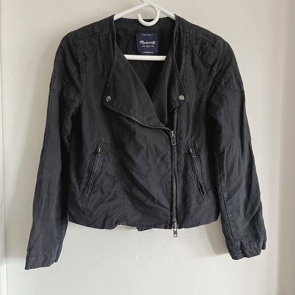 Madewell Jackets & Blazers - Madewell Black Moto Jacket Quilted Shoulders Asymmetrical Zip Size 2 Linen Blend